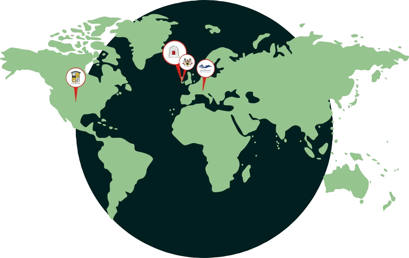 Mapa mundial con ubicaciones destacadas de sedes internacionales del colegio en Europa y América.